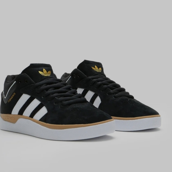 Tyshawn Jones/Adidas skateboard sneaker, blk suede upper w gold, white/gum sole - Picture 4 of 8